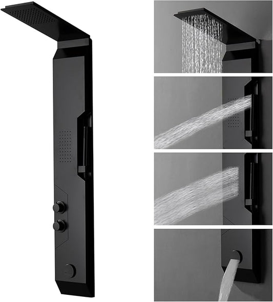 Homevacious 4 IN 1 Stainless Steel Multi-Function Shower Panel Tower System Rainfall Shower Head Massage Body Jets Handheld Shower and Bath Tub Spout Wall Mounted Bathroom Shower Panel Matte Black