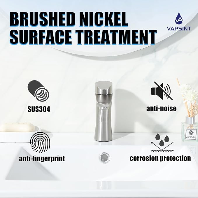 VAPSINT Single Handle Bathroom Faucet, Brushed Nickel Bathroom Sink Faucet 1 Hole, Stainless Steel Small Vanity Faucets Single Hole for Vessel RV with Water Supply Hoses & Pop-up Drain