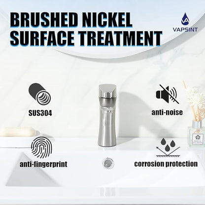 VAPSINT Single Handle Bathroom Faucet, Brushed Nickel Bathroom Sink Faucet 1 Hole, Stainless Steel Small Vanity Faucets Single Hole for Vessel RV with Water Supply Hoses & Pop-up Drain