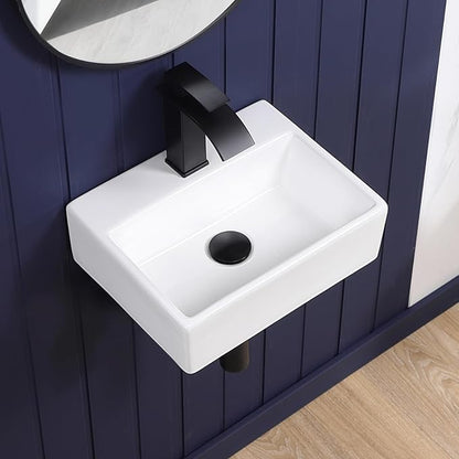 Wall Mount Bathroom Vessel Sink 15"x12" Rectangular Floating White Porcelain Ceramic Wall Hung Vanity Basin Sink for Home,RV,Bathroom