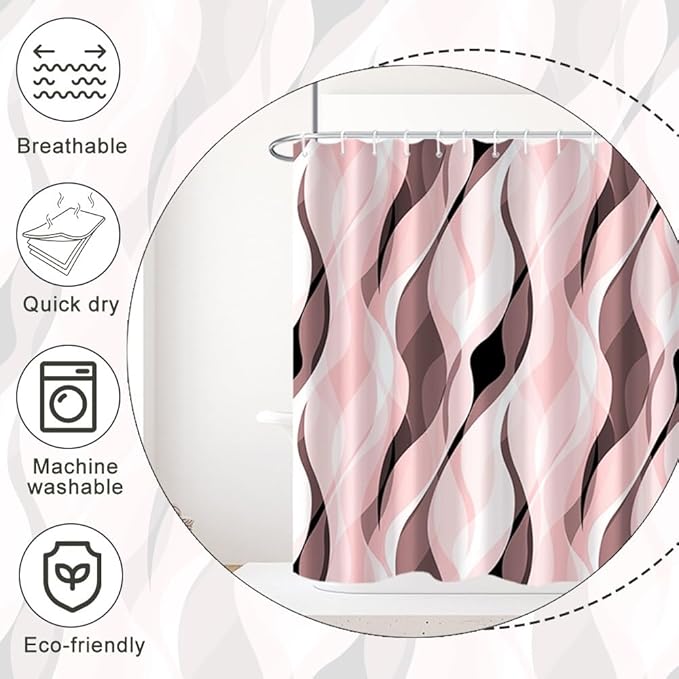 Pink Shower Curtain, Modern Abstract Pink and Grey Striped Shower Curtain Set for Bathroom Waterproof Shower Curtain with Hooks, 72x84 Inch