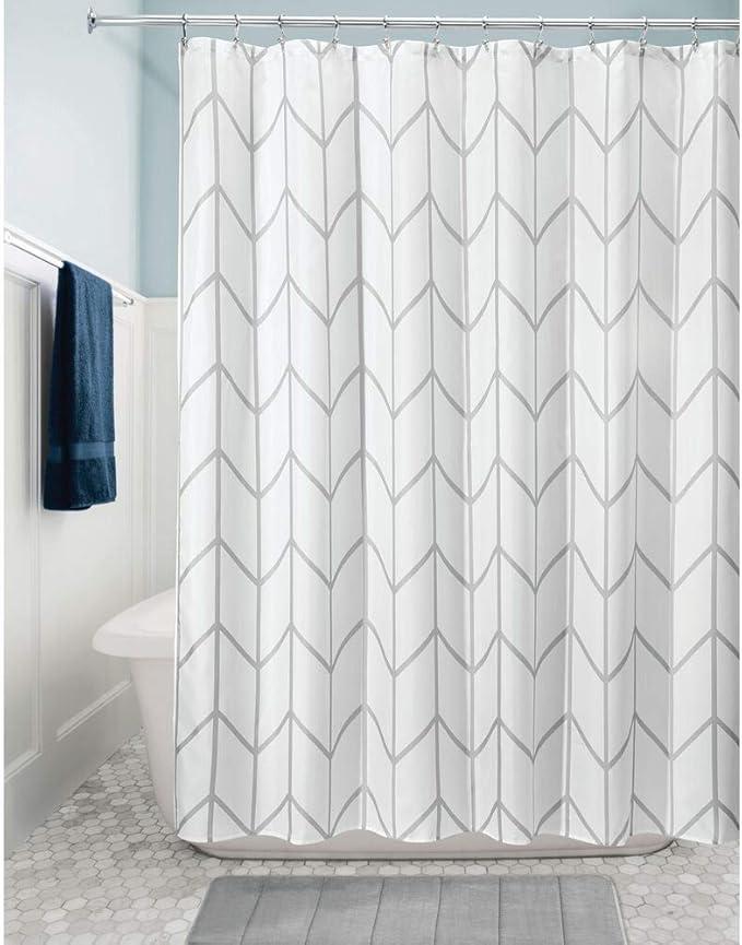 mDesign Fabric Geometric Shower Curtain - Herringbone Chevron Print with Reinforced Buttonholes for Master/Guest Bathroom - Machine Washable & Water Resistant Curtains, 72" x 72", Gray/White