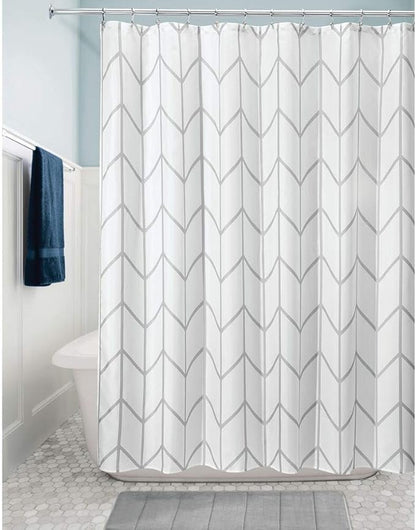 mDesign Fabric Geometric Shower Curtain - Herringbone Chevron Print with Reinforced Buttonholes for Master/Guest Bathroom - Machine Washable & Water Resistant Curtains, 72" x 72", Gray/White
