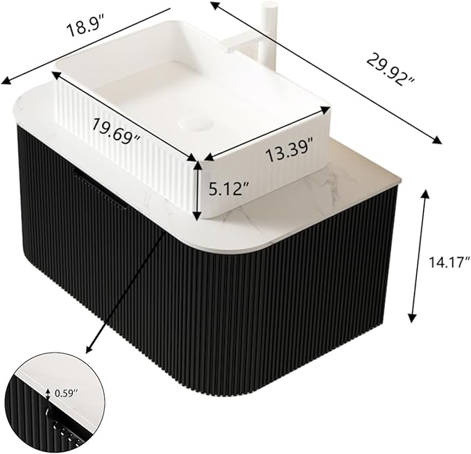 Yayzy 30" Floating Bathroom Vanity with Sink, Solid Wood Fluted Cabinet, White Fluted Square Ceramic Basin & Faux Marble Top, Soft-Close Drawer, Pre-Assembled, Gloss Black