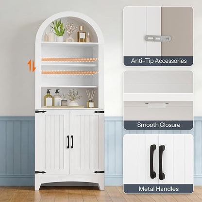 HOOBRO 67" Tall Bathroom Storage Cabinet, Arched Freestanding Floor Cabinet with 3 Adjustable Shelves and 2 Doors for Small Space, Space Saving Organizer for Bathroom, Kitchen, Living Room, White