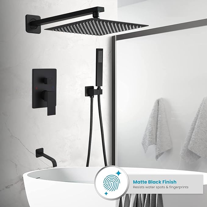 Matte Black Rain Shower System Tub Shower Faucet Set 12 Inch Square Rainfall Shower Head with Handheld Sprayer and Tub Spout Rough-in Valve Shower Mixer Combo Kit