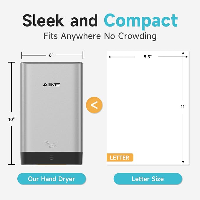 AIKE Compact Hand Dryer for Bathroom, ABS Polycarbonate 110V Silver,AK2822 | High Speed Slim Blade Hand Dryer,Plug-in Easy Install and Compact Design,Smart Warm for Home Bathroom,No Paper Waste and Cost