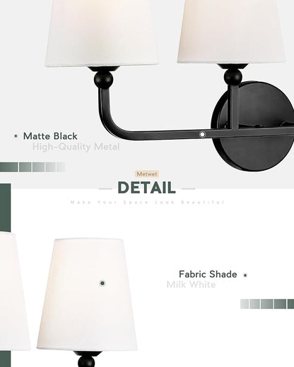 Bathroom Light Fixtures, Matte Black Vanity Lights with Flared White Fabric Shade, 3 Light Wall Sconce, Modern Sconces Wall Lighting for Hallway Bedroom, VL837-MB-3
