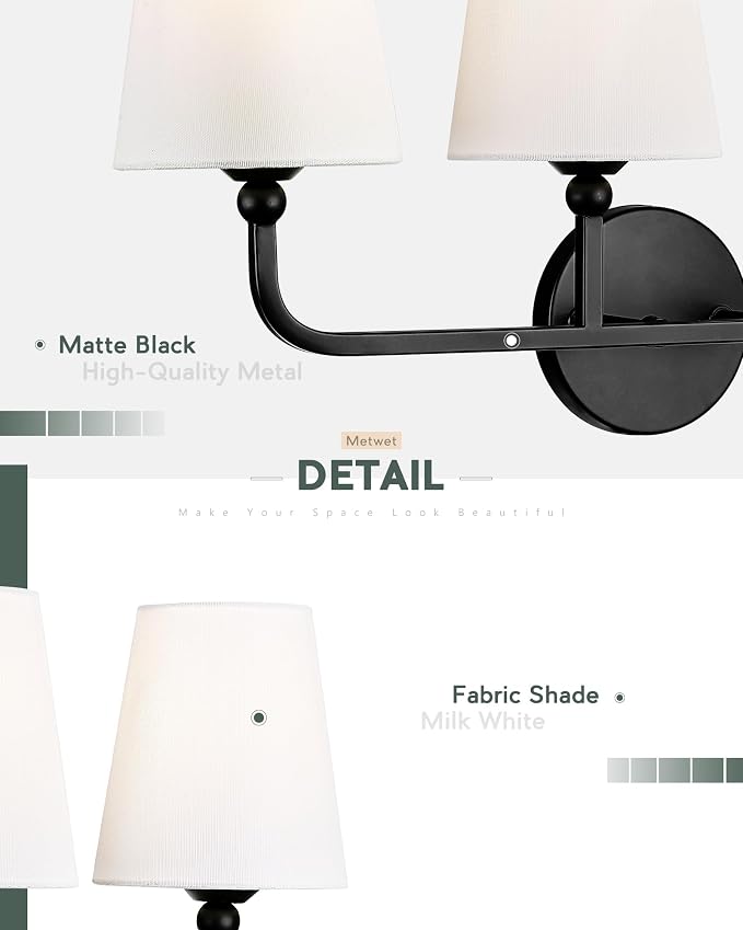 2-Light Matte Black Bathroom Vanity Light, White Fabric Shades | 17" double wall sconce, upward only, E26 base, hardwired, bulbs not included, VL837-MB-2