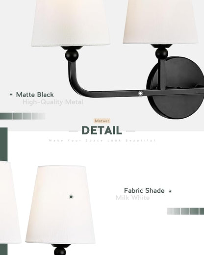 2-Light Matte Black Bathroom Vanity Light, White Fabric Shades | 17" double wall sconce, upward only, E26 base, hardwired, bulbs not included, VL837-MB-2