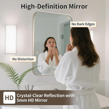 Brushed Nickel Mirror, 24x32 Inch Brushed Nickel Rectangle Mirror, Aluminum Alloy Framed Vanity Mirror, Rounded Rectangle Bathroom Mirror for Over Sink, Anti-Rust