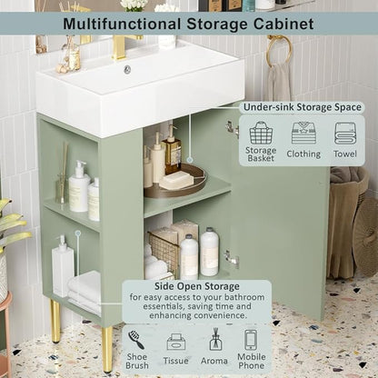 22" Small Bathroom Vanity with Sink, Morden Bathroom Vanities with Soft-Close Door and Open Shelf, Freestanding Narrow Vanity for Compact Space-Saving Bathrooms (Green,22" Freestanding Left Shelf)