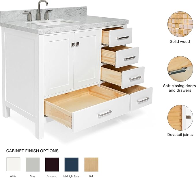 ARIEL Cambridge 42-inch Bathroom Vanity with Sink,Solid Wood, 1.5-inch Italian Carrara Marble Countertop, Single Rectangular Porcelain Sink, 2 Soft Closing Doors, 5 Dovetail Drawers, White