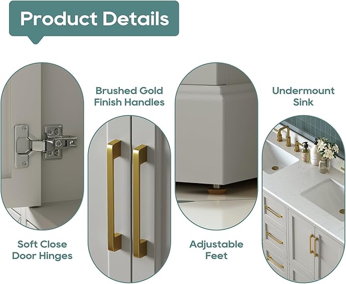 60 Inch Bathroom Vanity with Double Sink Combo, Solid Wood Frame with Mable Top &Backspalsh, Fully-Assembled with Soft-Closing Doors & 5 Drawers, Greige