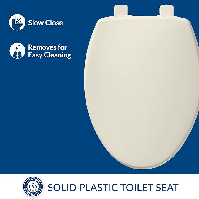 Bemis 7300SLEC Slow Close Toilet Seat, Easy Clean Hinges and Durable Plastic Seat, Made in USA, Elongated, Biscuit (Pack of 2)