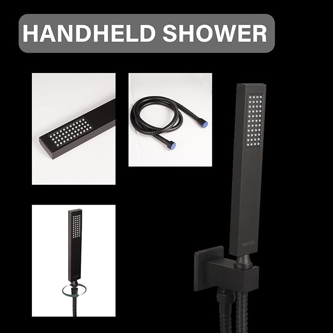 SOLVEX 8 Inch Shower Faucet Set，Shower System Black Stainless Steel Wall Mount Faucet Set with Square High Pressure Showerhead and Handheld Sprayer SP-90110-N