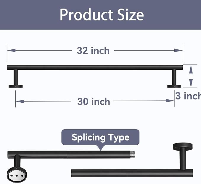 Matte Black Towel Bar, 30 Inch Bathroom Towel Rack | (Total Length 32-Inch), Towel Holder Wall Mounted, Thicken SUS304 Stainless Steel Towel Rod Modern Home Decor