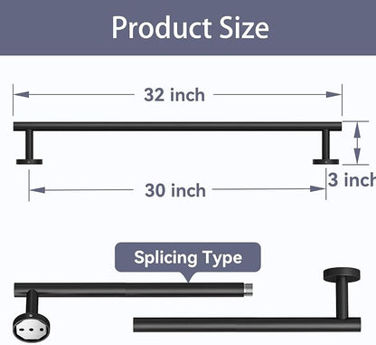 Matte Black Towel Bar, 30 Inch Bathroom Towel Rack | (Total Length 32-Inch), Towel Holder Wall Mounted, Thicken SUS304 Stainless Steel Towel Rod Modern Home Decor