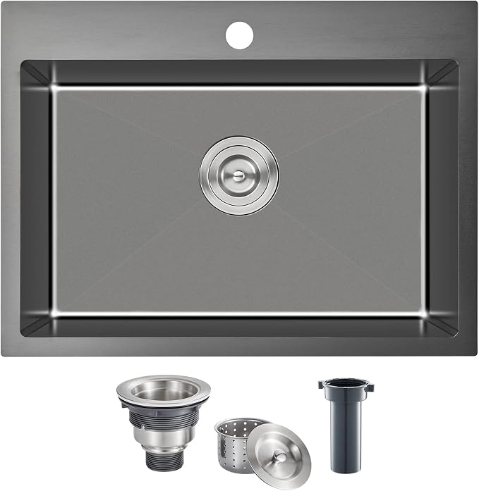 22 x 18 Inch Drop in Kitchen Sink Single Bowl Single Hole | 304 Stainless Steel Topmount Sink, Black Finish, 9" Deep Basin for Small Kitchen and Prep Area