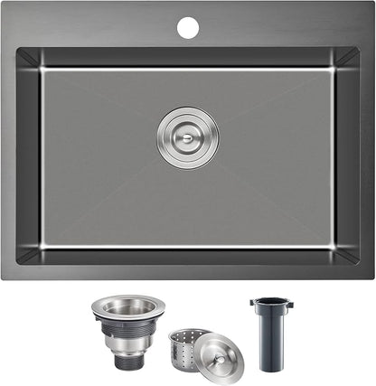 22 x 18 Inch Drop in Kitchen Sink Single Bowl Single Hole | 304 Stainless Steel Topmount Sink, Black Finish, 9" Deep Basin for Small Kitchen and Prep Area