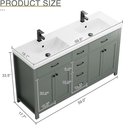 LUCKWIND 60" Bathroom Vanity and Sink Combo, Painted Modern Bathroom Storage Cabinet with Double Ceramic Sink, Four Doors and Three Drawers, Include Faucet, Without Mirror, Green