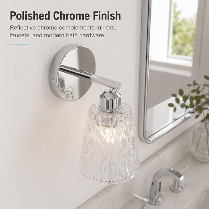 Chrome 1 Light Bathroom Vanity Lights, 2 Pack, with Textured Glass Shades, E26 Sockets, Bathroom Light Fixtures Over Mirror, Modern Lighting Fixtures Wall Lamp Vanity Lights