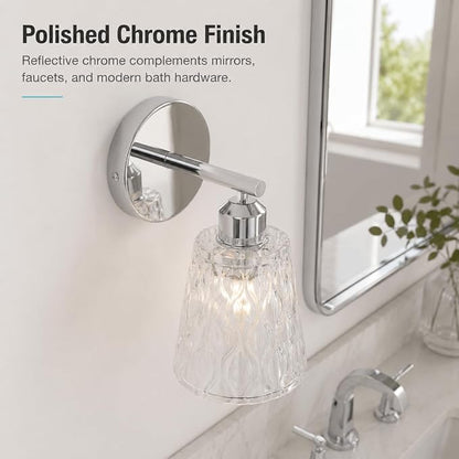 Chrome 1 Light Bathroom Vanity Lights, 2 Pack, with Textured Glass Shades, E26 Sockets, Bathroom Light Fixtures Over Mirror, Modern Lighting Fixtures Wall Lamp Vanity Lights