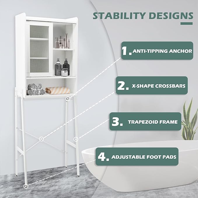 Over Toilet Storage Cabinet Organizer for Bathroom, Over Toilet Shelf, Freestanding Space Saver with Adjustable Shelves, Acrylic Sliding Door, Wide Open Shelf, 2 Hooks, Classic White