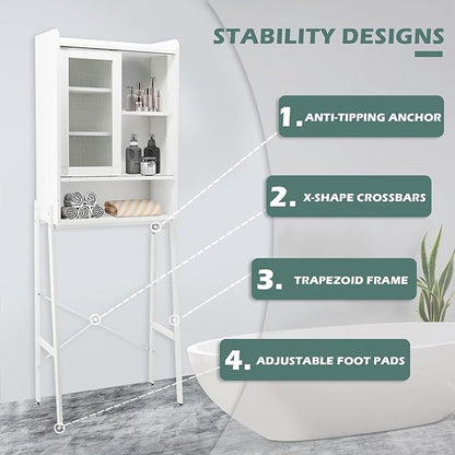 Over Toilet Storage Cabinet Organizer for Bathroom, Over Toilet Shelf, Freestanding Space Saver with Adjustable Shelves, Acrylic Sliding Door, Wide Open Shelf, 2 Hooks, Classic White