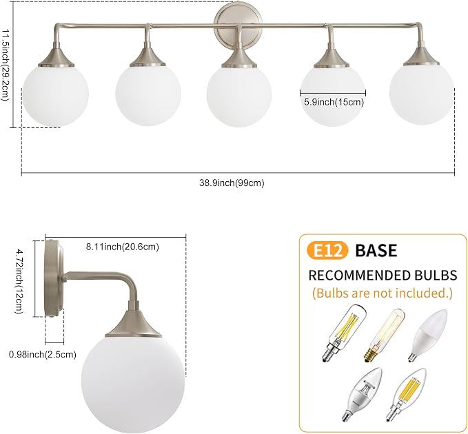 Brushed Nickel Bathroom Light Fixtures Over Mirror Vanity 5-Light | Mid Century Modern Brushed Nicke Wall Sconce with Milky White Glass Ball Shades for for Bathroom Dressing Table Bedroom