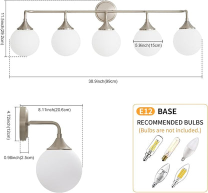 Brushed Nickel Bathroom Light Fixtures Over Mirror Vanity 5-Light | Mid Century Modern Brushed Nicke Wall Sconce with Milky White Glass Ball Shades for for Bathroom Dressing Table Bedroom
