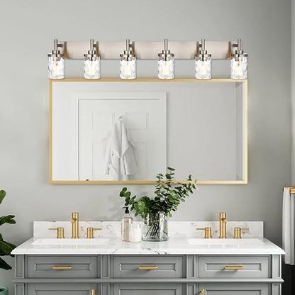 Bathroom Vanity Lighting Fixtures 6 Lights,Brushed Nickel Bathroom Vanity Lights with Clear Hammered Shade Wall Sconce Lighting Modern Farmhouse Bath Lighting