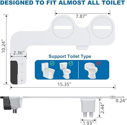 Bidet Attachment for Toilet Seat, Non Electric, Dual Self-Cleaning Nozzles for Front and Rear Wash, Adjustable Cold Water Pressure, Easy Installation, Global Fit, EB012 Three-Function Single