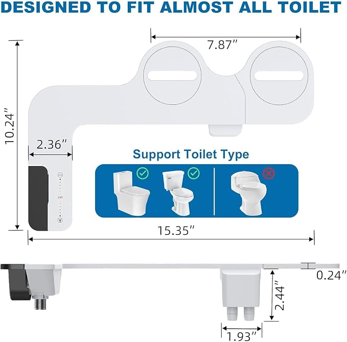 Bidet Attachment for Toilet, Non-Electric Dual Nozzle Bidet Sprayer with Adjustable Water Pressure, Cold Water Toilet Seat Attachment for Feminine and Personal Hygiene