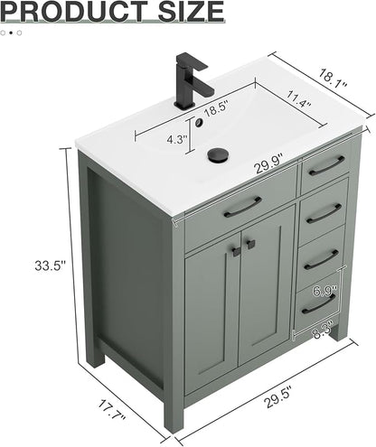 LUCKWIND 30" Modern Bathroom Vanity with Sink Combo, Contemporary Painted Storage Cabinet and Single White Sink, Include Soft-Closing Doors & Matte Black Faucet, Green