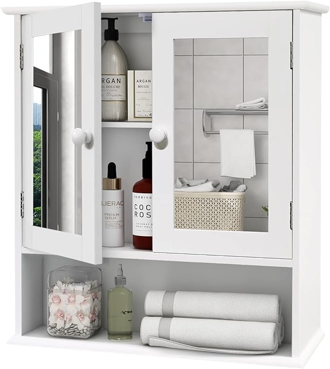 TaoHFE Medicine Cabinet, Medicine Cabinets for Bathroom with Mirror 2 Doors 3 Open Shelf, Bathroom Cabinet Wall Mounted Wooden Storage Over Toilet Laundry Room Kitchen