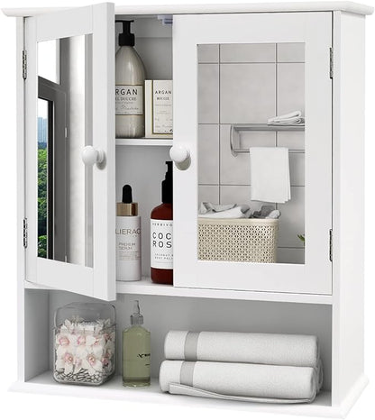 TaoHFE Medicine Cabinet, Medicine Cabinets for Bathroom with Mirror 2 Doors 3 Open Shelf, Bathroom Cabinet Wall Mounted Wooden Storage Over Toilet Laundry Room Kitchen