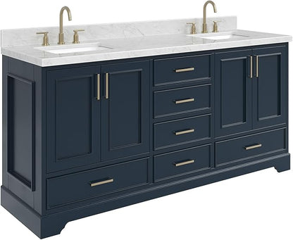 ARIEL Stafford 72-inch Bathroom Vanity with Sink,Solid Wood, 1.5-inch Italian Carrara Marble Countertop, Double Rectangular Porcelain Sink, 4 Soft Closing Doors, 6 Dovetail Drawers, Midnight Blue