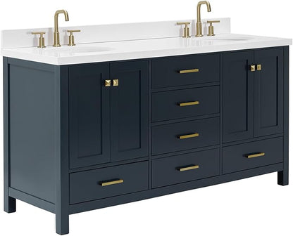 ARIEL Cambridge 66-inch Bathroom Vanity with Sink,Solid Wood, 1.5-inch Pure White Quartz Countertop & Backsplash, Double Oval Porcelain Sink, 4 Soft Closing Doors, 6 Dovetail Drawers, Midnight Blue