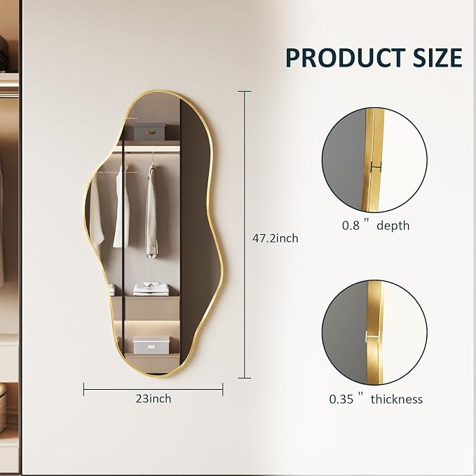 Irregular Full Length Mirror, 23"x47" Full Body Mirror with Metal Frame, Asymmetrical Mirrors for Entryway Bathroom Living Room Bedroom, Horizontal or Vertical Hanging
