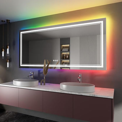 77x36 Inch RGB LED Bathroom Mirror with Lights | Front and RGB Backlit, Dimmable, Memory, Anti Fog, Shatterproof, Horizontal/Vertical, Lighted Mirrors for Bathroom Wall