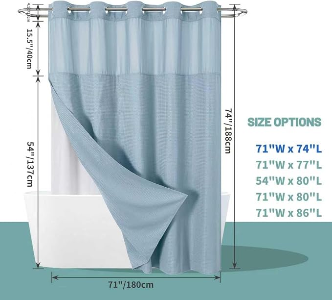 eachope No Hook Waffle Shower Curtain with Snap-in Liner, 71x74 Inch, Teal | 230 GSM waffle weave fabric, waterproof liner set with 2 bottom magnets, mesh top window, washable, for bathroom or hotel use