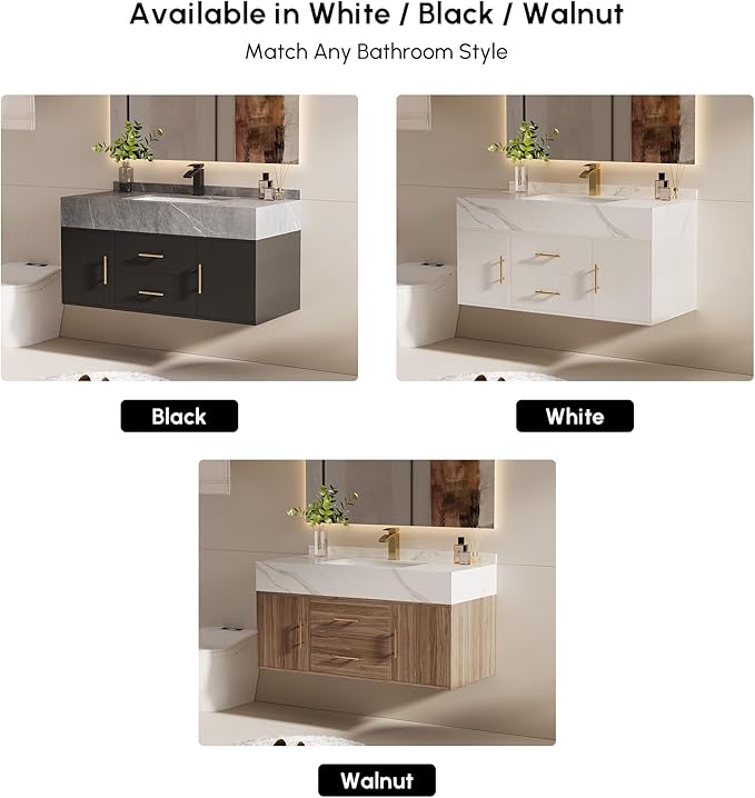 Bathroom Vanity with Sink, 39.3" Floating Bathroom Vanity Set, Modern Wall-Mounted Cabinet with Sintered Stone Countertop, Undermount Sink & White Finish, Easy to Clean