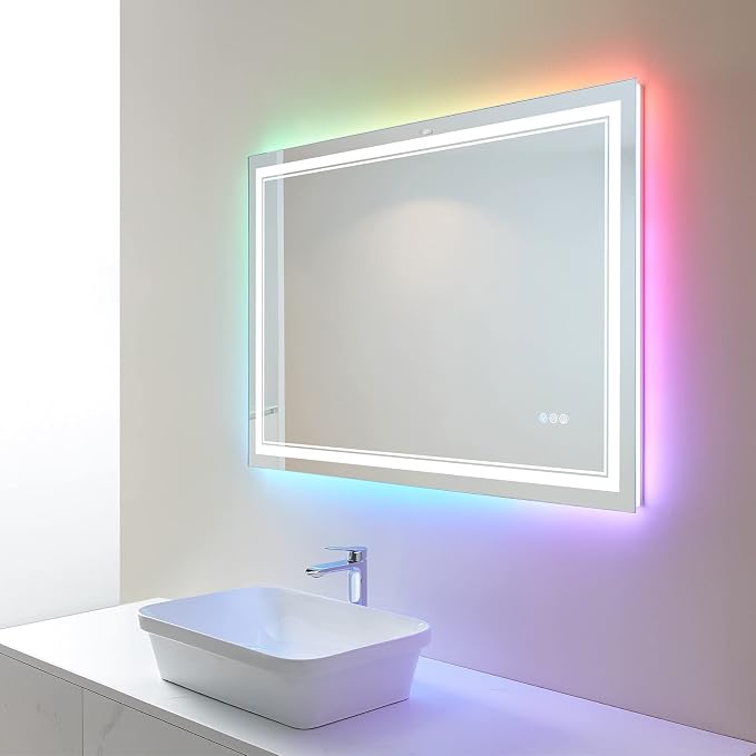 40x24 Inch RGB LED Bathroom Mirror with Lights | Front and RGB Backlit, Dimmable, Memory, Anti Fog, Shatterproof, Horizontal/Vertical, Lighted Mirrors for Bathroom Wall