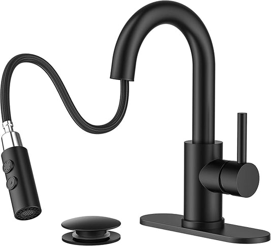 FORIOUS Matte Black Bathroom Faucet with Pull Down Sprayer, Single Hole Bar Sink Faucet 1 Hole with Pop Up Drain Hose, Suitable for Bathroom, RV,Vanity, Restroom & Utility Sink