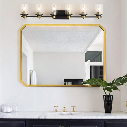LOUSACE Bathroom Light Fixtures Black and Gold, 6 Light Bathroom Vanity Light, Modern Bathroom Light over Mirror with Clear Glass Shades, Brushed Gold Socket Wall Vanity Lighting Fixtures for Bathroom