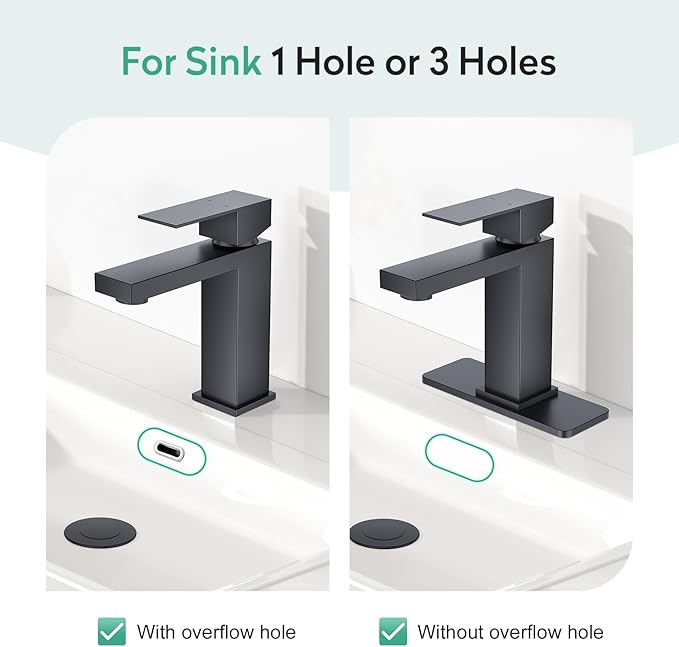 Faustina Matte Black Bathroom Faucet, Single Handle Stainless Steel Bathroom Vanity Faucet with Metal Pop-Up Drain and Deck Plate for 1 or 3 Hole