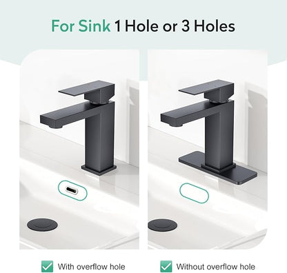 Faustina Matte Black Bathroom Faucet, Single Handle Stainless Steel Bathroom Vanity Faucet with Metal Pop-Up Drain and Deck Plate for 1 or 3 Hole