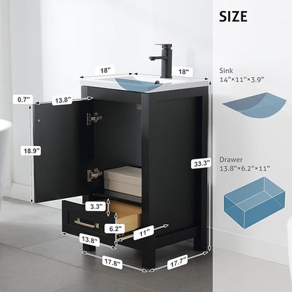 eclife 18" Bathroom Vanities with Sink Combo, Modern Thickened Wood Bathroom Storage Cabinet w/Undermount Sink, Matte Black Faucet Drain, Painted Surface, Black