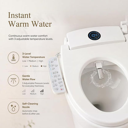 GAICOM Electric Bidet Toilet Seat Elongated, Heated Seat ＆ Warm Air Dryer | Instant Warm Water, Multiple Cleaning Modes, Side Panel Control, Self Cleaning Nozzle, Night Light, Soft Close Lid